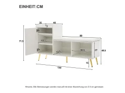 Banco zapatero con 1 puerta, 2 nichos y cojín - patas y tiradores de metal dorado - Blanco - 120 x 35 x 68,5 cm