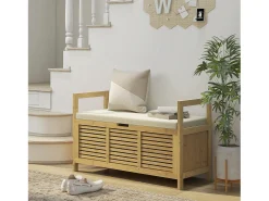 Banco zapatero con almacenaje integrado y estante plegable, fabricado en bambú, color madera natural (100x40x60cm)