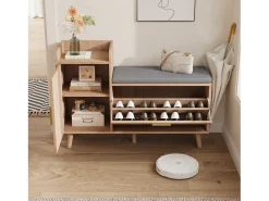 Banco zapatero con asiento, zapatero con espacio de almacenamiento para entrada, Madera