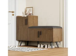 Banco zapatero de 100 cm, 3 puertas, asiento acolchado, almacenaje multinivel, tiradores asimétricos