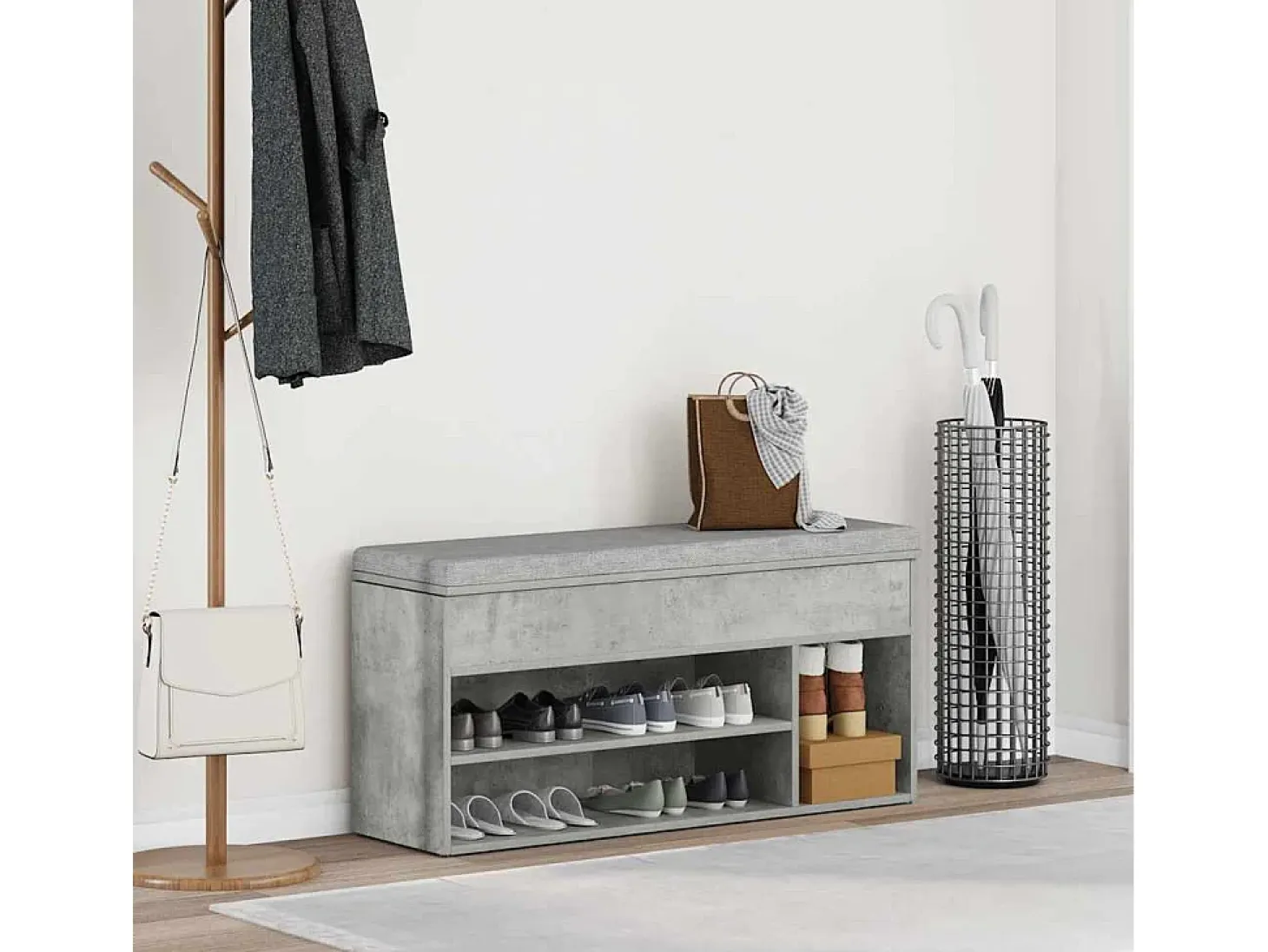 Banco zapatero de hormigón gris 102x30,5x45 cm madera de ingeniería