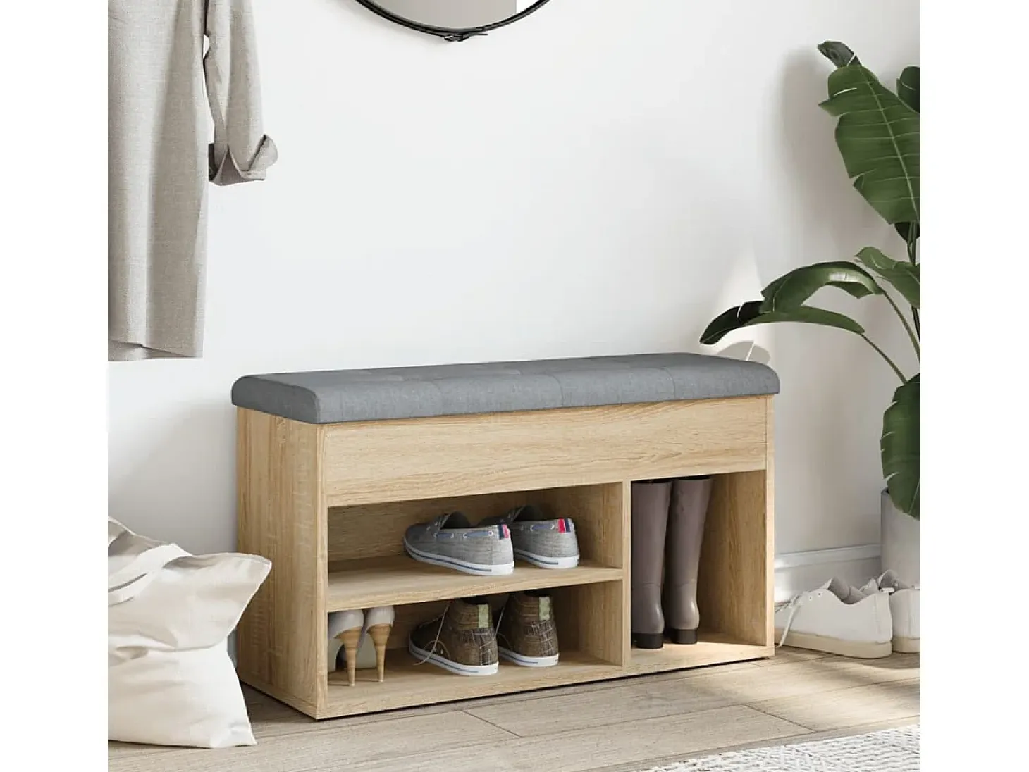 Banco zapatero de roble Sonoma 82x32x45,5 cm madera de ingeniería
