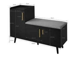 Banco zapatero moderno - 100 x 34 x 68,5 cm - con 3 puertas y cojín - aglomerado - negro