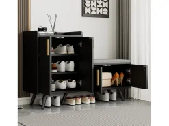 Banco zapatero moderno con 4 puertas y cojín - patas y tiradores de metal - color negro - 120 x 34 x 82 cm