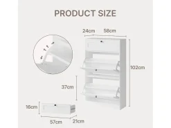 Bealife Mueble zapatero con 2 puertas abatibles y 1 cajón – 58x24x102 cm, Blanco – Estantes regulables en altura, Zapatero moderno y funcional