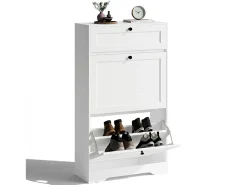 Bealife Mueble zapatero con 2 puertas abatibles y 1 cajón – 58x24x102 cm, Blanco – Estantes regulables en altura, Zapatero moderno y funcional