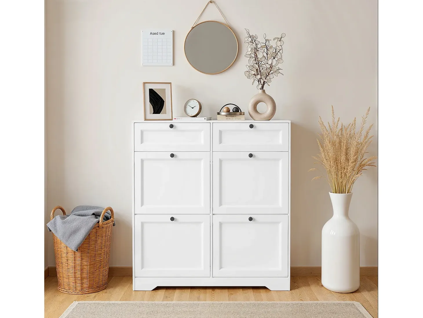 Bealife Mueble zapatero con 4 puertas abatibles y 2 cajones – 95x24x102 cm, Blanco – Estantes regulables en altura – Mueble zapatero espacioso y funcional