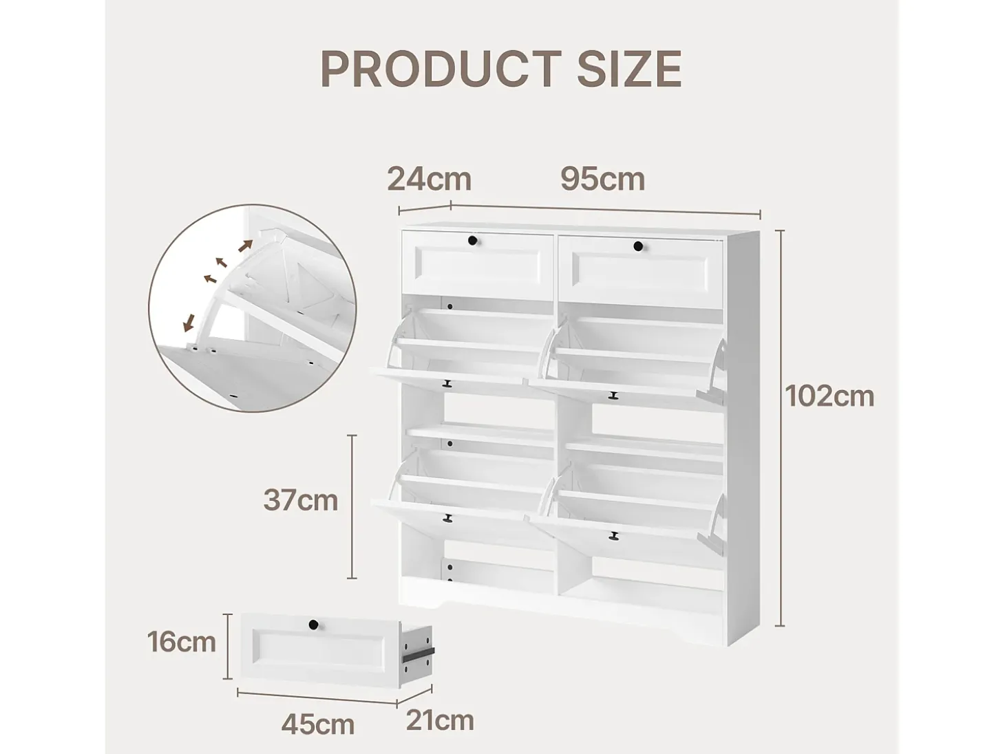 Bealife Mueble zapatero con 4 puertas abatibles y 2 cajones – 95x24x102 cm, Blanco – Estantes regulables en altura – Mueble zapatero espacioso y funcional