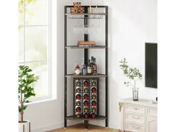 Botellero de esquina con soporte para copas y estantes, gris