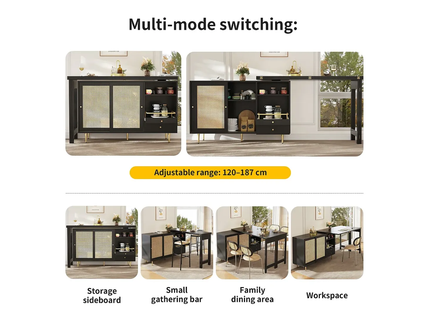 Buffet, barra de cocina giratoria extensible - en MDF - con diversos almacenamientos - Negro