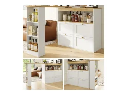 Buffet, Mueble de bar giratorio y abatible - 4 cajones y 4 compartimentos - Blanco