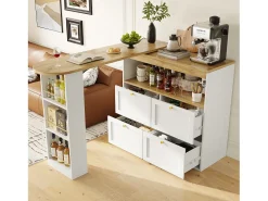 Buffet, Mueble de bar giratorio y abatible - 4 cajones y 4 compartimentos - Blanco