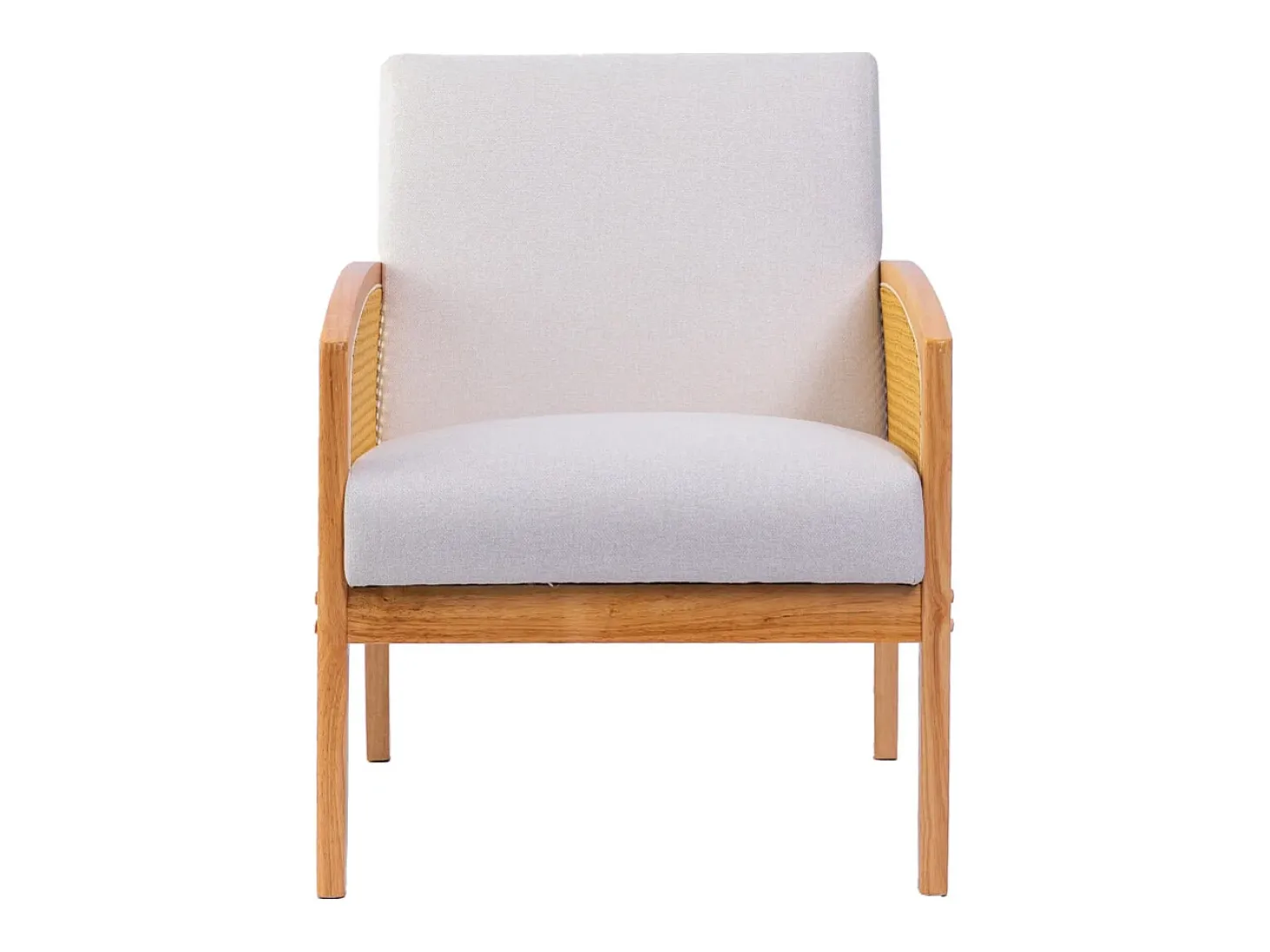 Butaca de de tela en color blanco y estructura de madera y ratán en color beige Cien