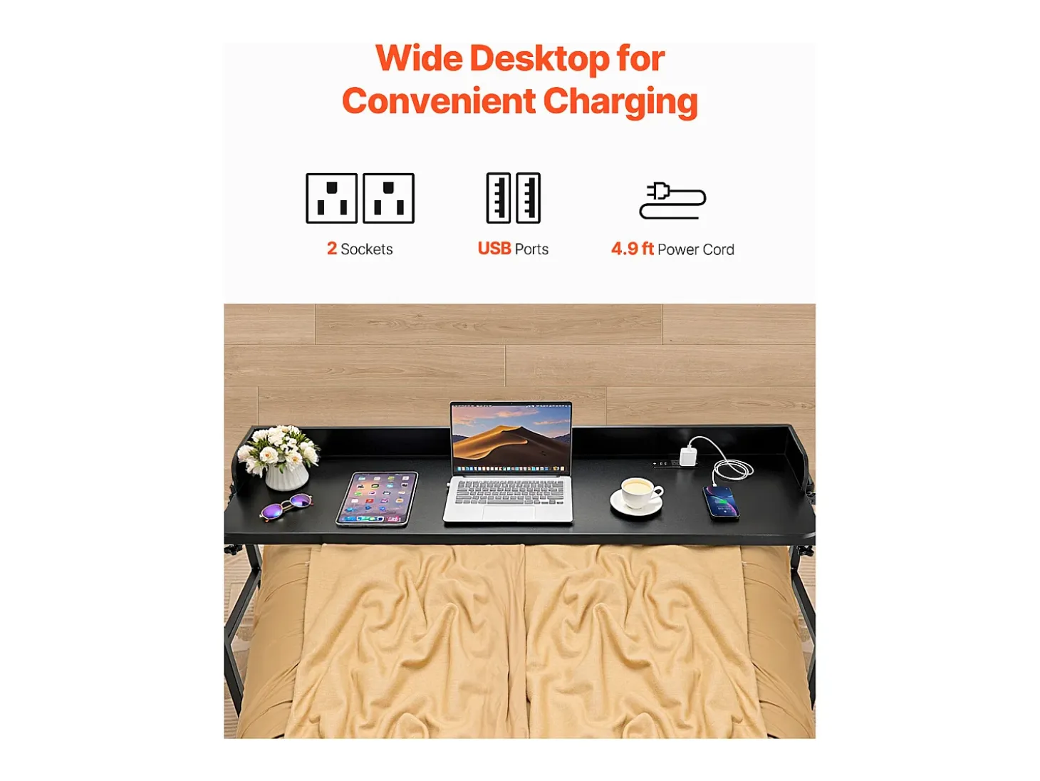 Cama Móvil SucceBuy Mesa Auxiliar con 4 Ruedas y Toma de Corriente, Escritorio de Cama con Altura Ajustable para Casa y Oficina, Color Negro