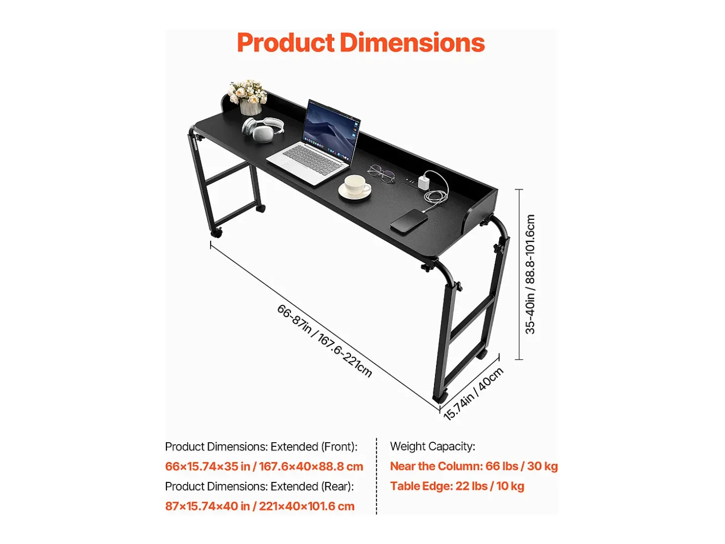Cama Móvil SucceBuy Mesa Auxiliar con 4 Ruedas y Toma de Corriente, Escritorio de Cama con Altura Ajustable para Casa y Oficina, Color Negro