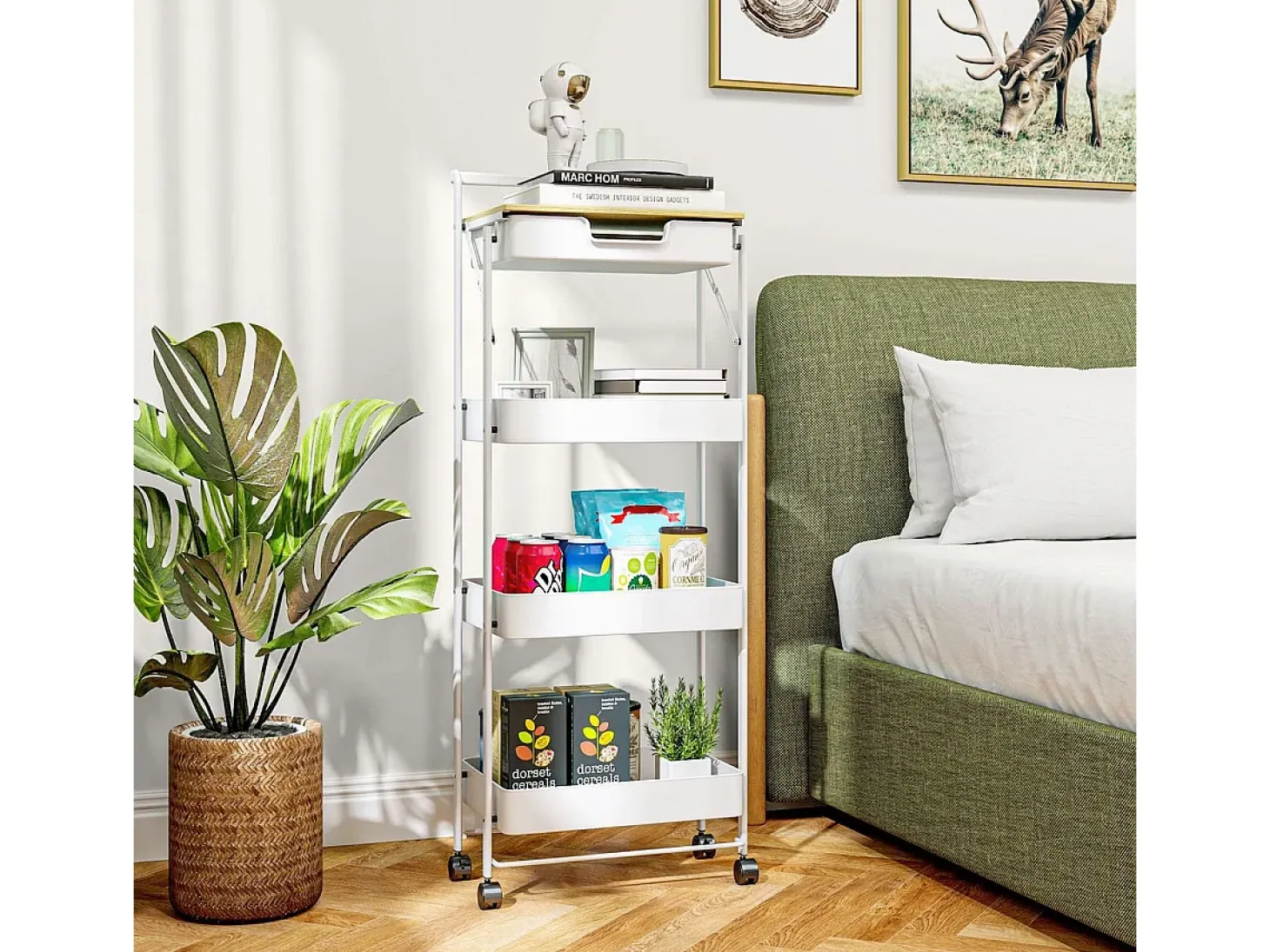 Carrito auxiliar Thila Homcom 3 estantes con cajón blanco 117,5x45x29,5 cm