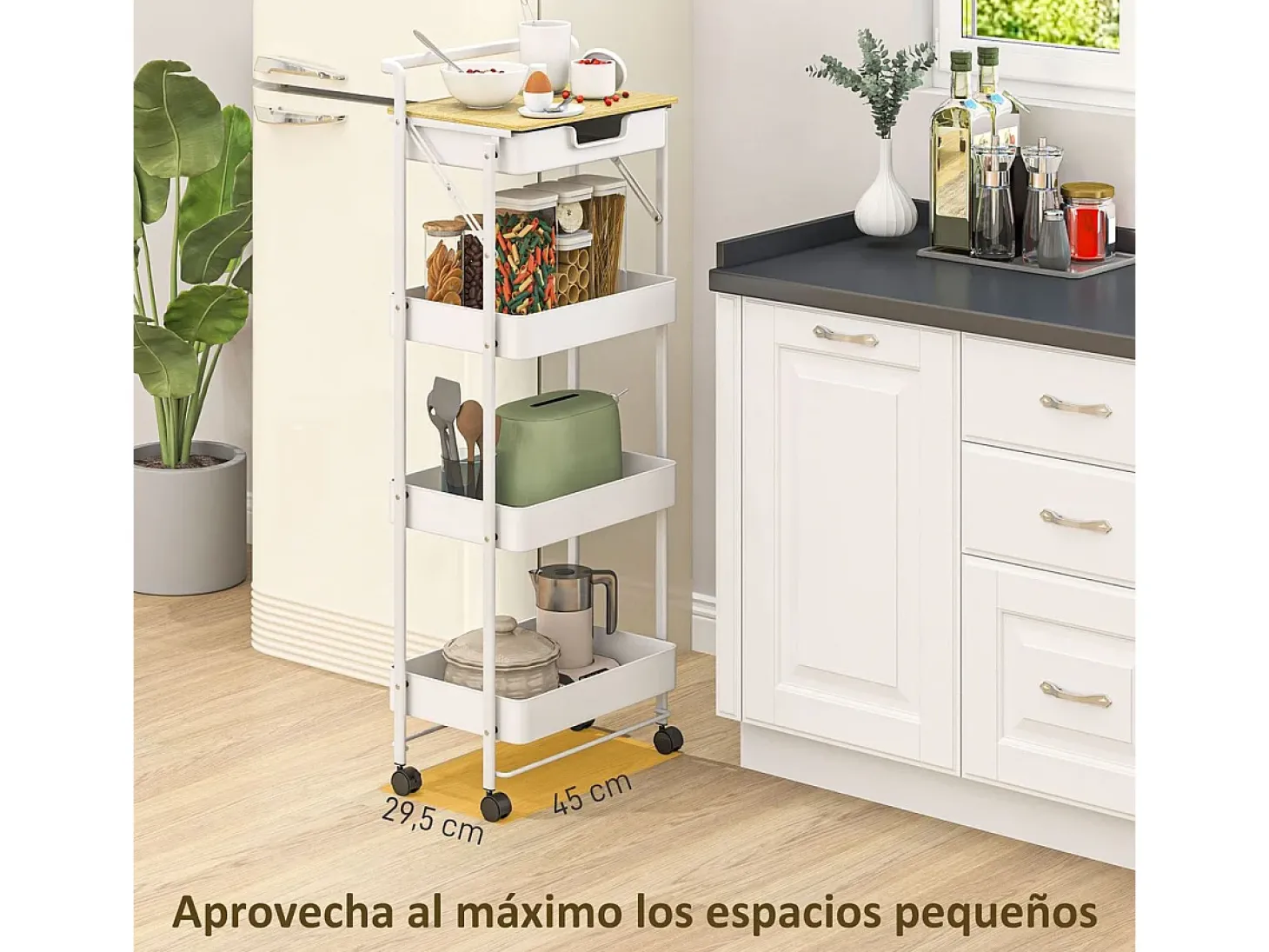 Carrito auxiliar Thila Homcom 3 estantes con cajón blanco 117,5x45x29,5 cm