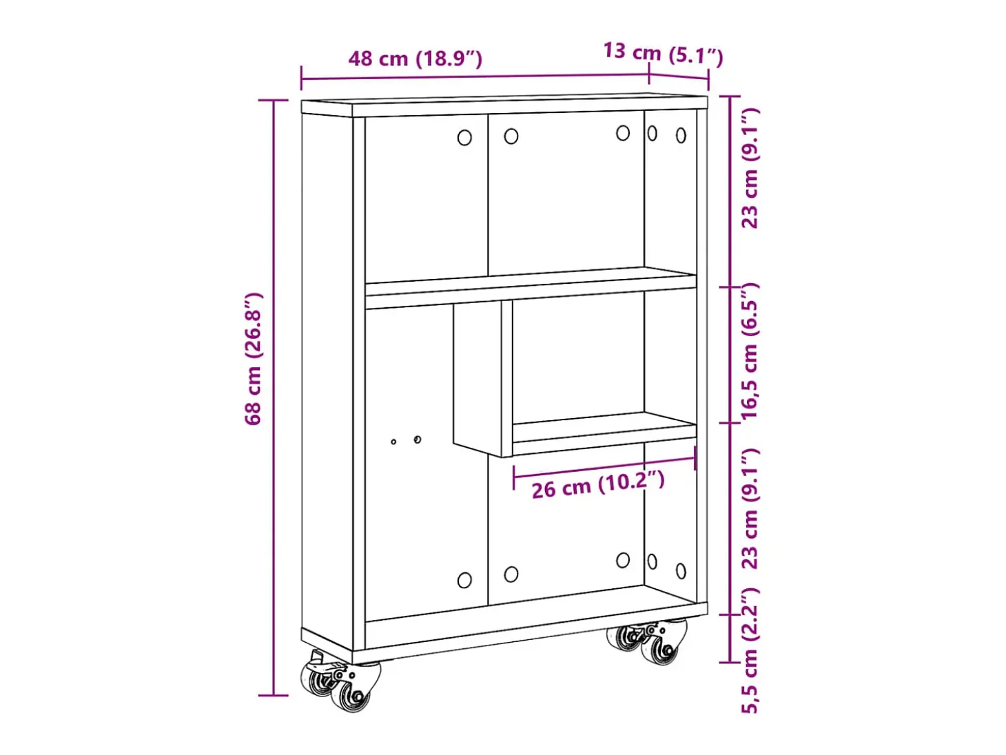 Carrito de almacenaje estrecho madera envejecida 48x13x68 cm