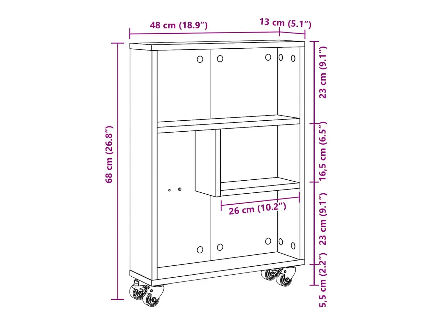 Carrito de almacenaje estrecho madera gris hormigón 48x13x68 cm