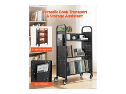 Carrito para Libros SucceBuy, Capacidad de Carga 150 kg, 77 x 38 x 122 cm, Estante de Almacenamiento de Libros de Una Cara en V, para Salón, Oficina, Escuela