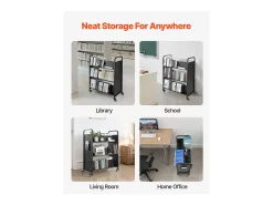 Carrito para Libros SucceBuy, Capacidad de Carga 150 kg, 97x51,5x122,5 cm, Estante de Almacenamiento de Libros de Doble Cara en W con Ruedas con Doble Freno, Negro