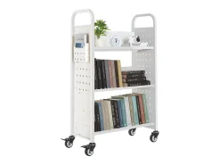 Carrito para Libros SucceBuy, Capacidad de Carga 150 kg, Carrito de Biblioteca, 77 x 38 x 122 cm, Estante de Almacenamiento de Libros de Una Cara en V, Blanco