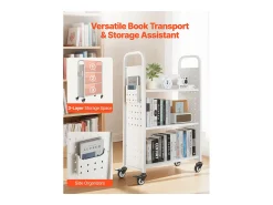 Carrito para Libros SucceBuy, Capacidad de Carga 150 kg, Carrito de Biblioteca, 77 x 38 x 122 cm, Estante de Almacenamiento de Libros de Una Cara en L, Blanco