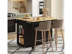 Carro de cocina 120x44x91,5 con barra de bar y tomas de corriente, dos cajones y dos puertas de armario con separadores en color negro para cocina y comedor