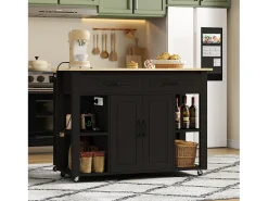 Carro de cocina 120x44x91,5 con barra de bar y tomas de corriente, dos cajones y dos puertas de armario con separadores en color negro para cocina y comedor