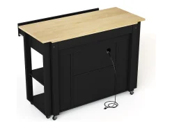 Carro de cocina 120x44x91,5 con barra de bar y tomas de corriente, dos cajones y dos puertas de armario con separadores en color negro para cocina y comedor