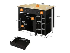 Carro de cocina 120x44x91,5 con barra de bar y tomas de corriente, dos cajones y dos puertas de armario con separadores en color negro para cocina y comedor