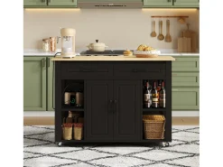 Carro de cocina 120x44x91,5 con barra de bar y tomas de corriente, dos cajones y dos puertas de armario con separadores en color negro para cocina y comedor