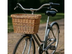 Cesta rectangular de mimbre para bicicleta con asa tejida