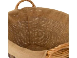 Cesta redonda para exposición de leña hecha de madera de corteza con forro de yute