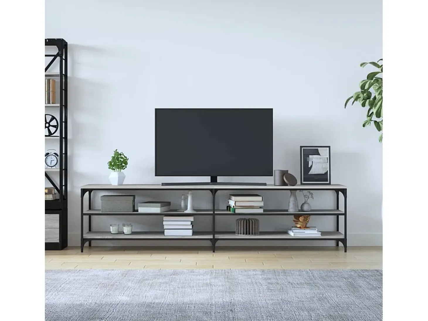 Chiloquin Mueble TV metal y madera contrachapada gris Sonoma 200x30x50 cm