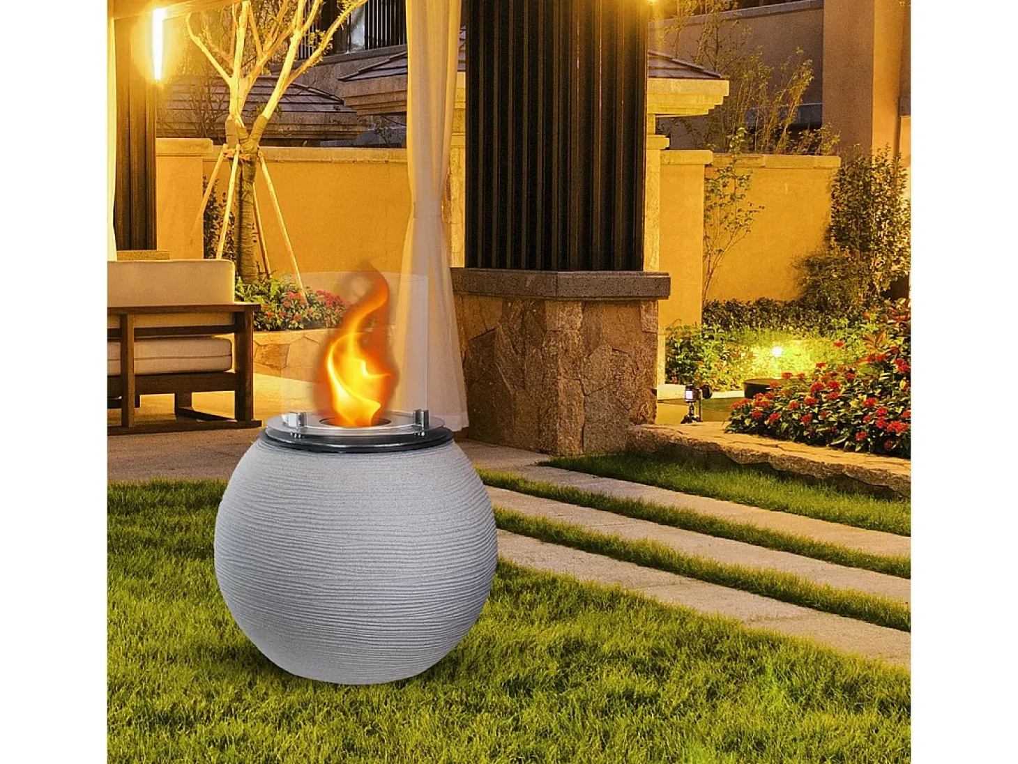 Chimenea de bioetanol, brasero de jardín, de pie, para uso interior y exterior, BOTTICELLI Corda Beige, d.40 x h.54
