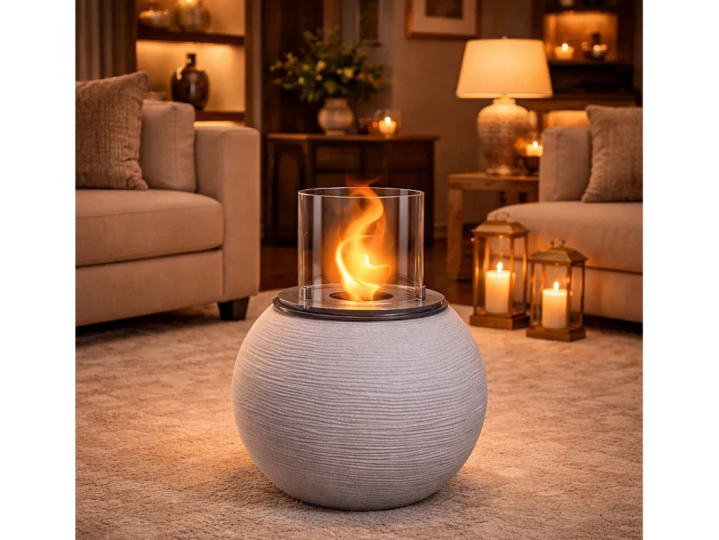Chimenea de bioetanol, brasero de jardín, de pie, para uso interior y exterior, BOTTICELLI Corda Beige, d.40 x h.54
