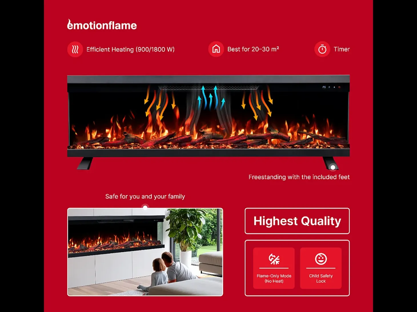 Chimenea eléctrica de 3 caras UNITY 107 - fuego premium, de pared o empotrada - 107x19x36 cm - LED decorativa con calefacción 900/1800W