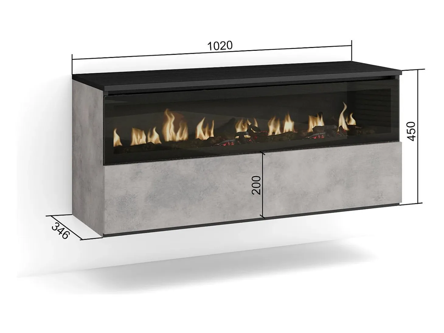 Chimenea eléctrica LED, 102x35x45cm, 1 Hueco, 1 Puerta, Chimenea eléctrica, Colgado, Suspendido, Cemento