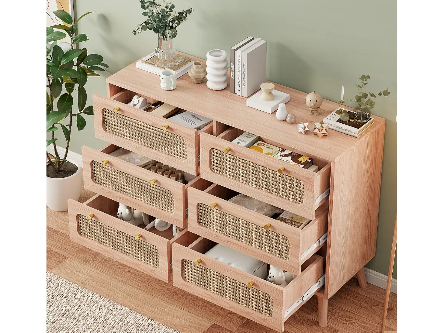 Cómoda de 6 cajones en ratán natural, estilo bohemio, para dormitorio o salón, color madera