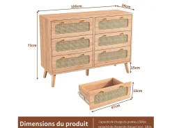 Cómoda de 6 cajones en ratán natural, estilo bohemio, para dormitorio o salón, color madera