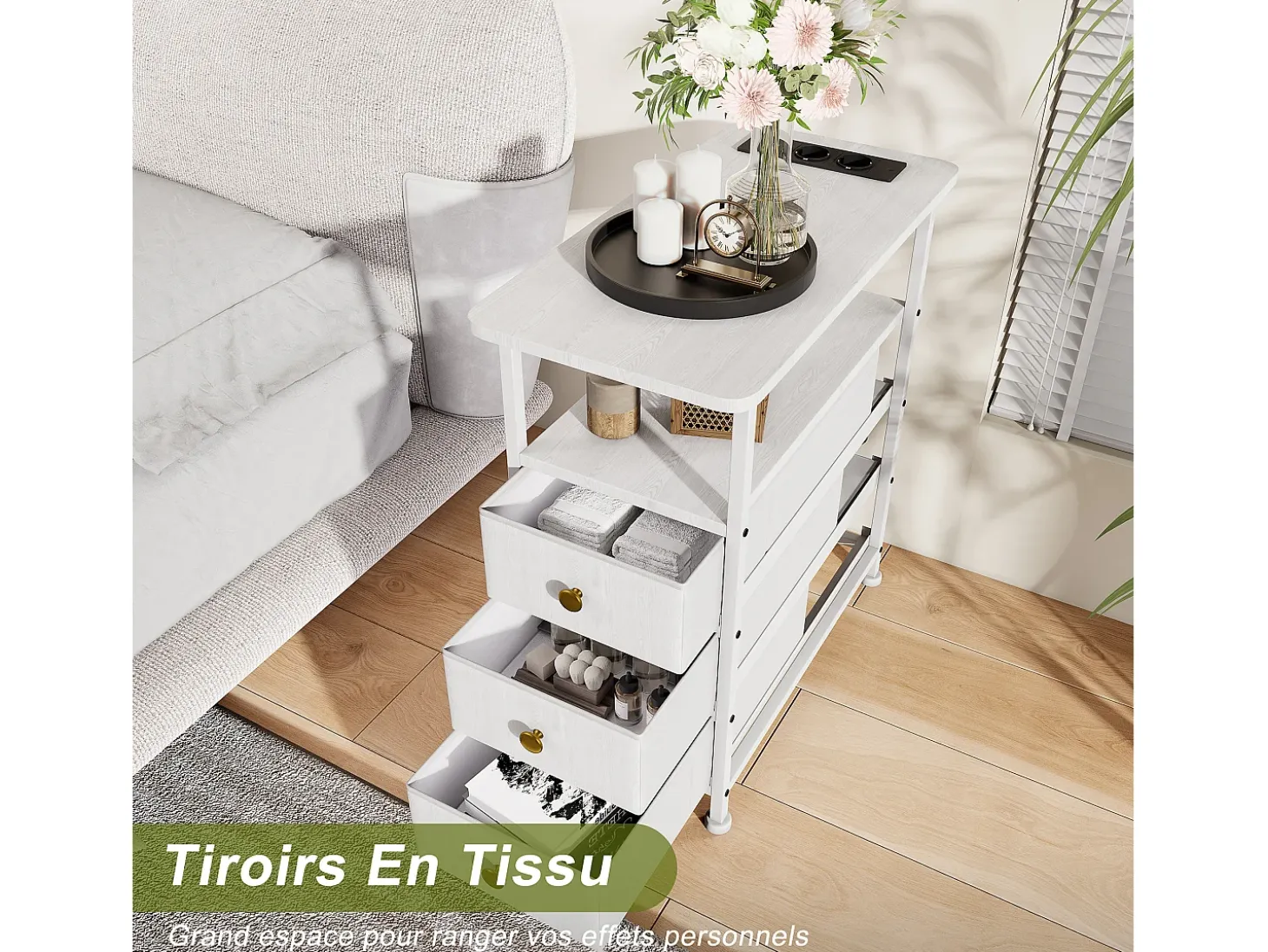 Cómoda estrecha de 3 cajones, mesita de noche con función de carga y tira de luz, mesa auxiliar con cajones, 30 x 60 x 62 cm, Blanco