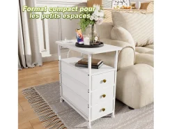 Cómoda estrecha de 3 cajones, mesita de noche con función de carga y tira de luz, mesa auxiliar con cajones, 30 x 60 x 62 cm, Blanco