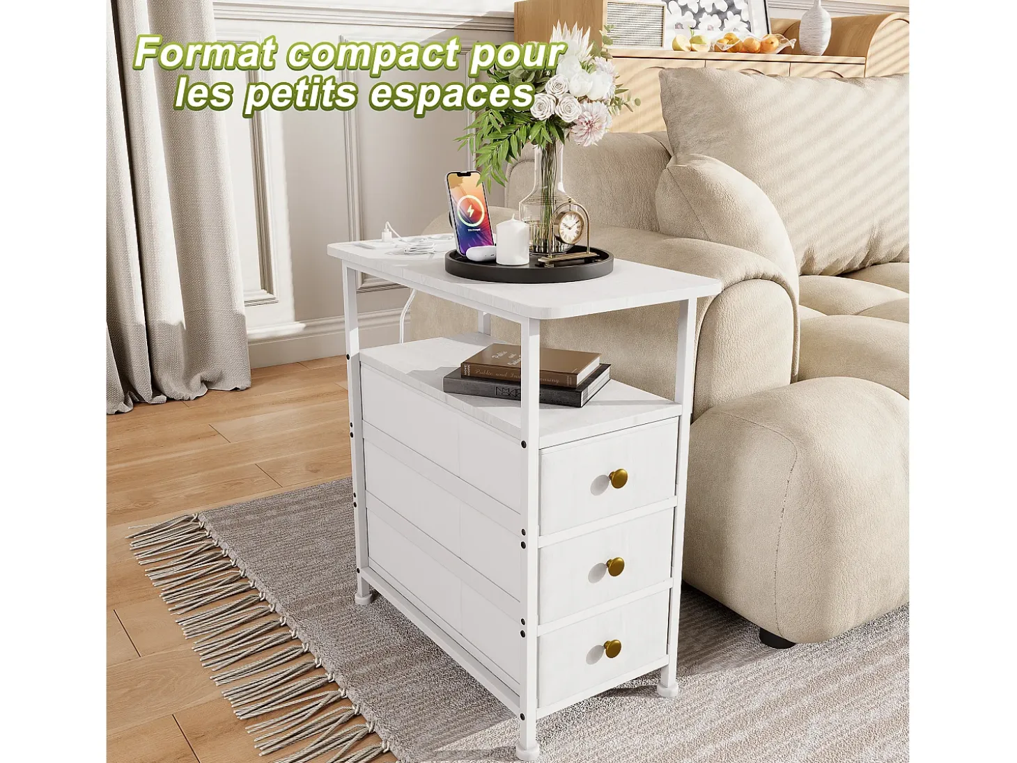 Cómoda estrecha de 3 cajones, mesita de noche con función de carga y tira de luz, mesa auxiliar con cajones, 30 x 60 x 62 cm, Blanco