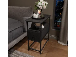 Cómoda estrecha, mesita de noche con función de carga y tira de luz, mesa auxiliar con cajones, 30 x 60 x 62 cm, Negro