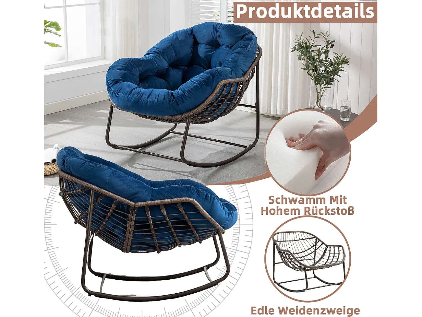 Cocon - Mecedora de ratán - Estructura de acero con cojín suave - Para uso en interiores y exteriores