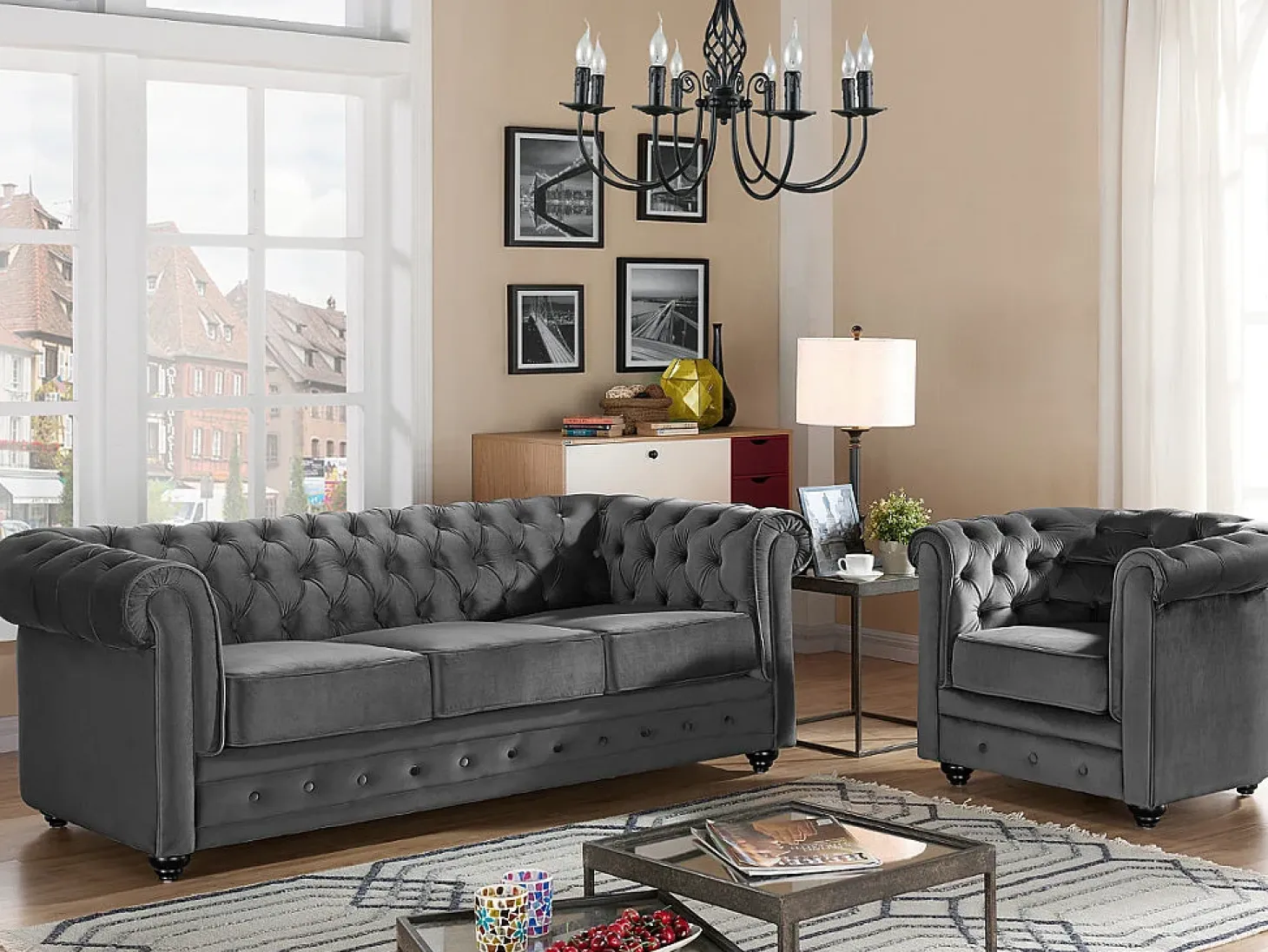 Conjunto 2 sillones terciopelo negro CHESTERFIELD