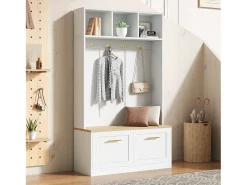 Conjunto armario-taquilla - 105 x 40 x 180 cm - con banco + almacenaje abierto + 2 puertas + 4 ganchos - MDF + aglomerado - blanco