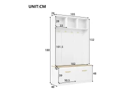 Conjunto armario-taquilla - 105 x 40 x 180 cm - con banco + almacenaje abierto + 2 puertas + 4 ganchos - MDF + aglomerado - blanco