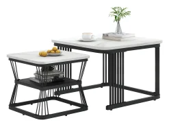 Conjunto de 2 mesas de centro nido con estante - mesa auxiliar con chapa de mármol - patas de metal - blanco y negro